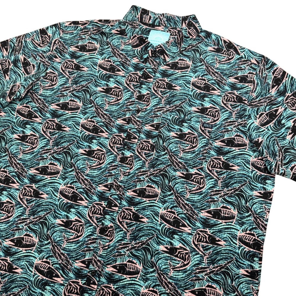 RSVLTS Seersucker Shirt Men 3XL Teal Fish Skeleton Wave Short Sleeve Button Down